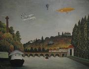 Henri Rousseau View of the Pont Sevres and the Hills of Clamart, Saint-Cloud, and Bellevue with Biplane, Ballon and Dirigible By Henri Rousseau oil painting